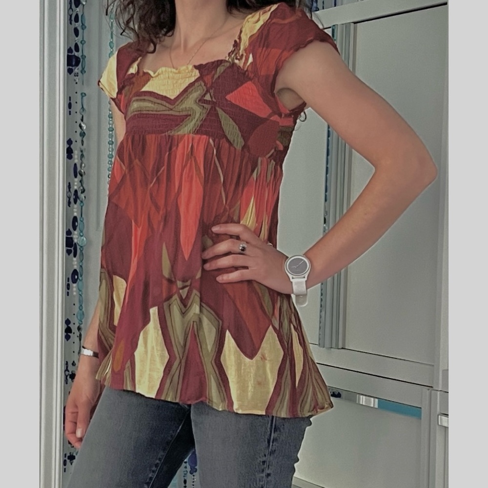 Modern Art Smocked Babydoll Top –  Geometric Print in Warm colours, Layerable